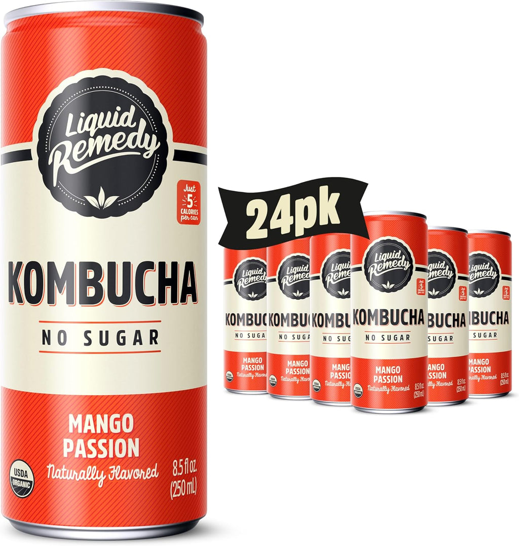 Liquid Remedy Kombucha Sugar Free Organic Drink, Low Calorie, Probiotic Like Tea for Gut Health - Mango Passion - 8.5 Fl Oz Can, 24-Pack