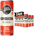 Liquid Remedy Kombucha Sugar Free Organic Drink, Low Calorie, Probiotic Like Tea for Gut Health - Mango Passion - 8.5 Fl Oz Can, 24-Pack