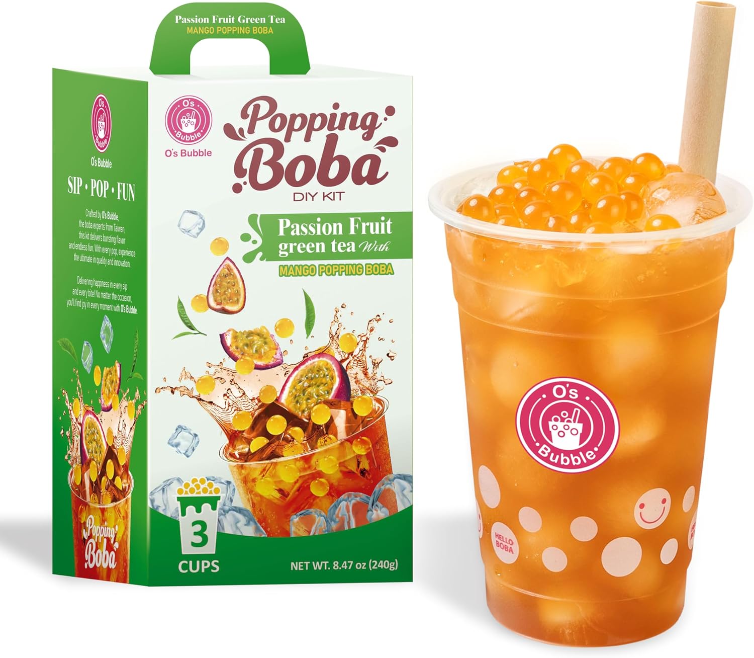 O’s Bubble Peach Green Tea – DIY Boba Kit with 3 Peach Syrup Packs & 3 Mango Popping Boba – Make Fruity Bubble Tea at Home – 3 Servings Included (Passion Fruit Green Tea)