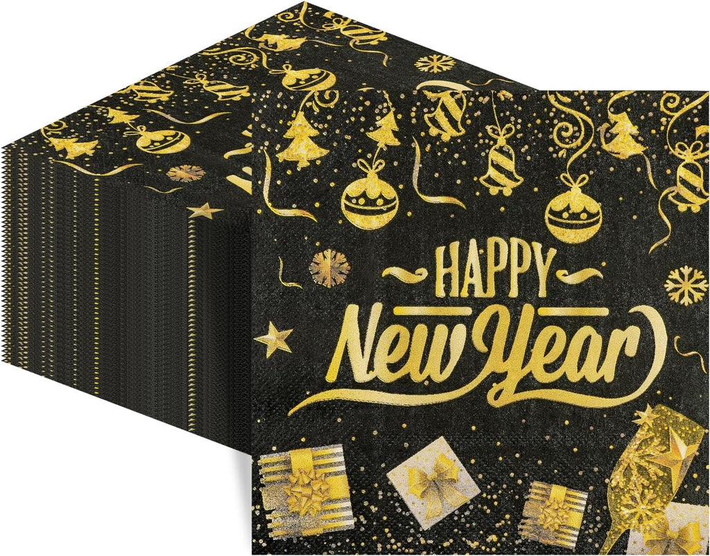 50Pcs New Year Napkins,Happy New Black Gold Foil Firework Disposable Guest Hand Towel Year Napkins Eve Party Supplies for 2026 Party Decorations