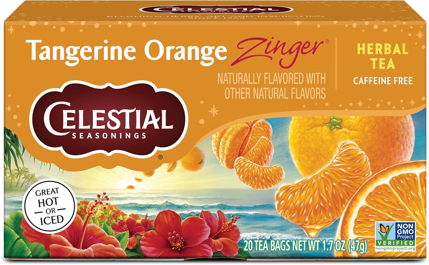 Celestial Seasonings Tangerine Orange Zinger Herbal Tea, Caffeine Free, 20 Tea Bags Box