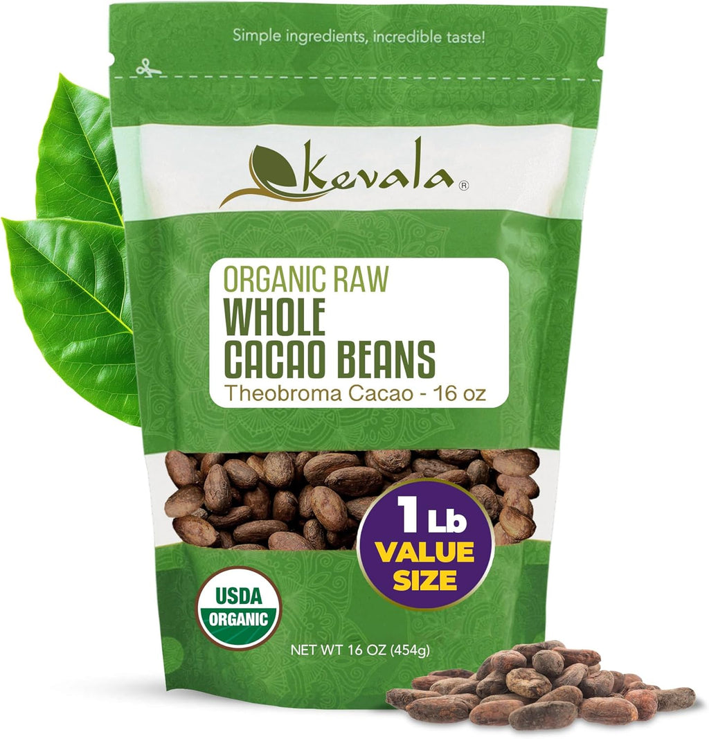 Kevala Organic Cacao Beans - Sun Dried Natural Beans for Brewing, Sugar Free Base for Homemade Chocolate, Nutritious Addition to Breakfasts and Drinks, Vegan Option with No Additives, 1 lb, 16 oz