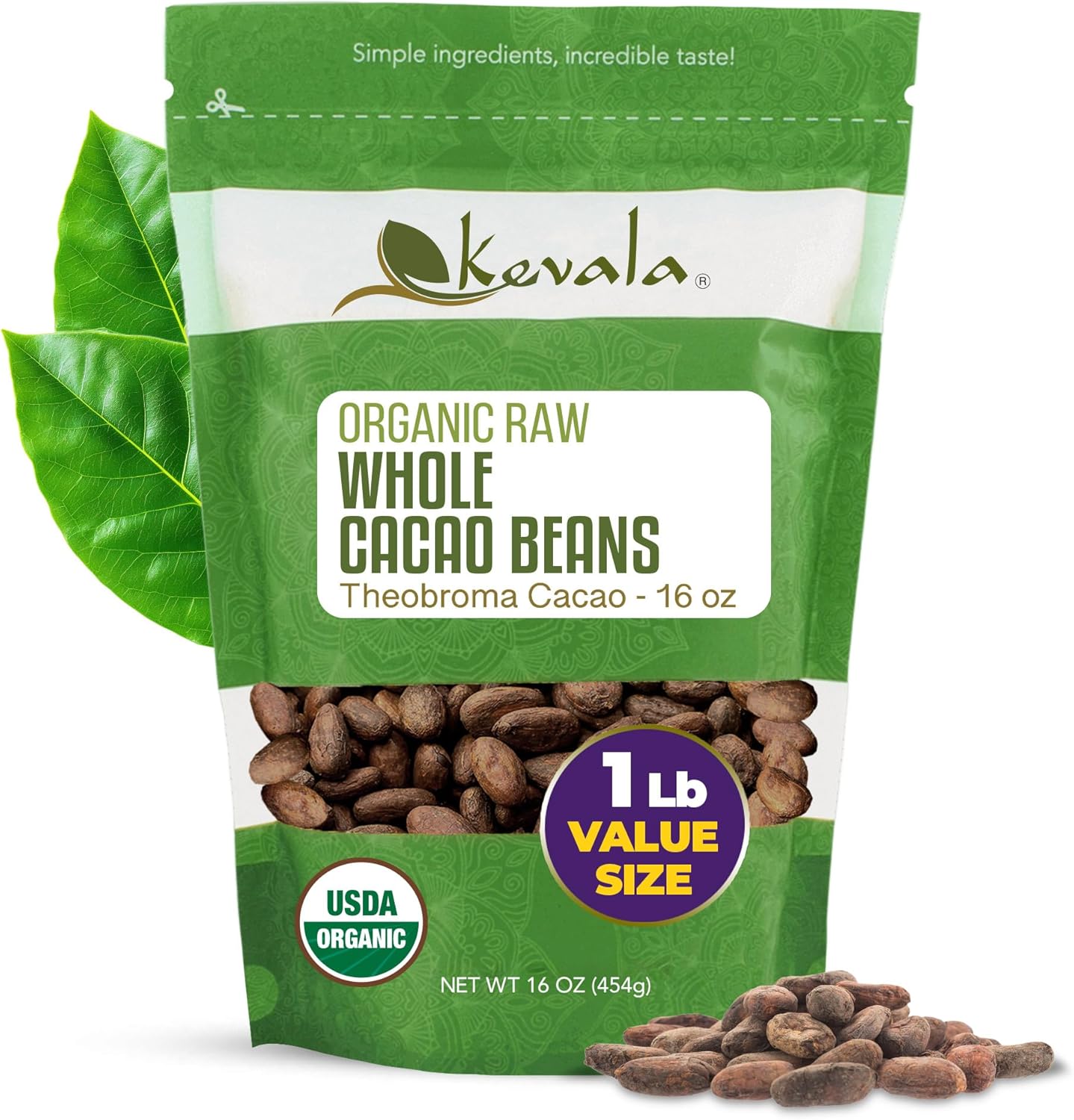 Kevala Organic Cacao Beans - Sun Dried Natural Beans for Brewing, Sugar Free Base for Homemade Chocolate, Nutritious Addition to Breakfasts and Drinks, Vegan Option with No Additives, 1 lb, 16 oz