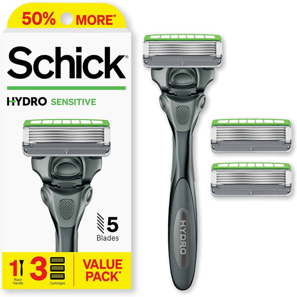 Schick Hydro Sensitive Razor, 1 Razor Handle and 3 Cartridges | Razors for Men Sensitive Skin, 1 Handle with 3 Razor Blades Refills