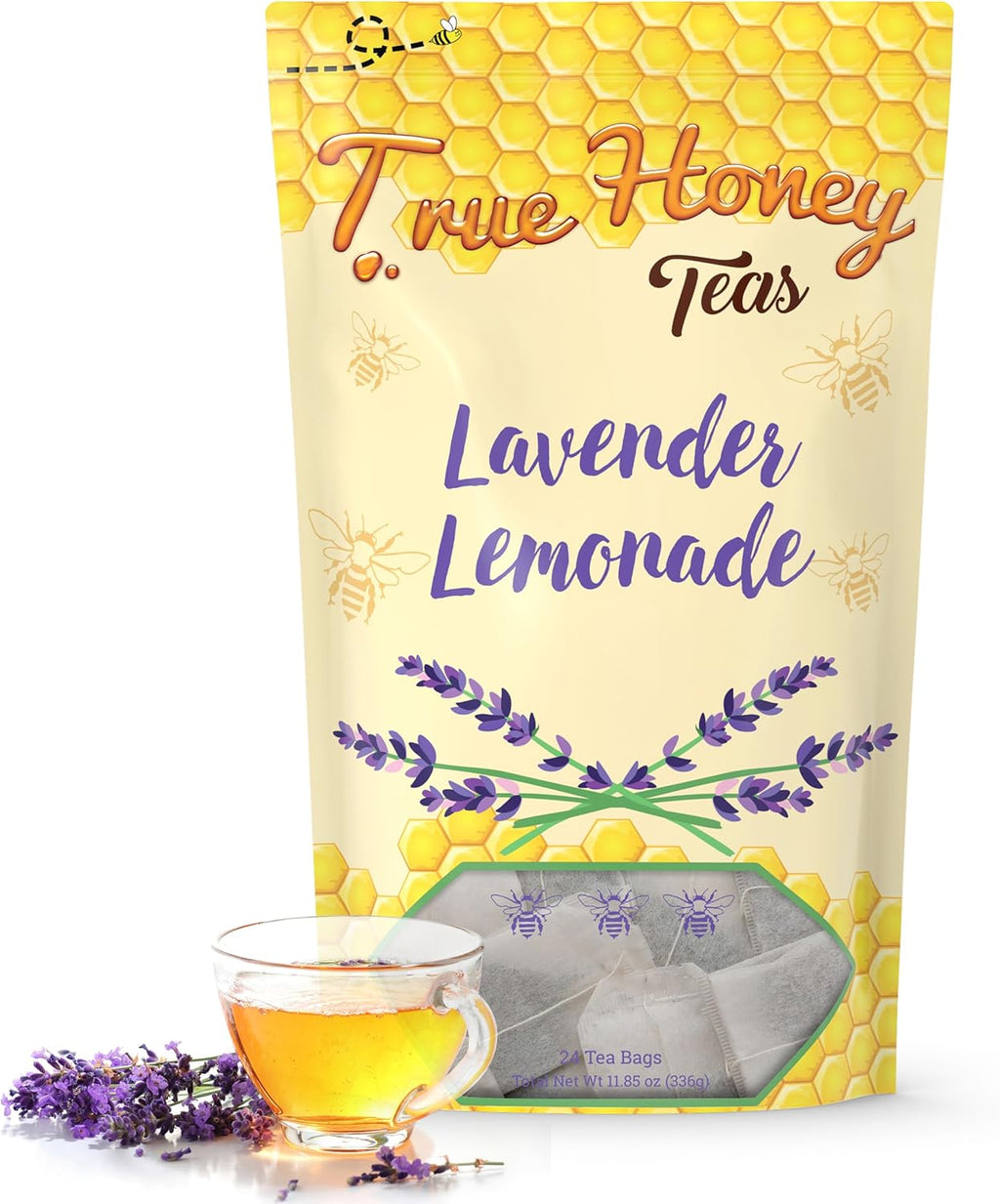 True Honey Lavender Lemonade Tea Bags - Tranquil Tea for Sleep, Stress Relief and Calm - All Natural Organic Lemon Myrtle Herbal Caffeine-Free Blended with Honey Crystals - 24 Count