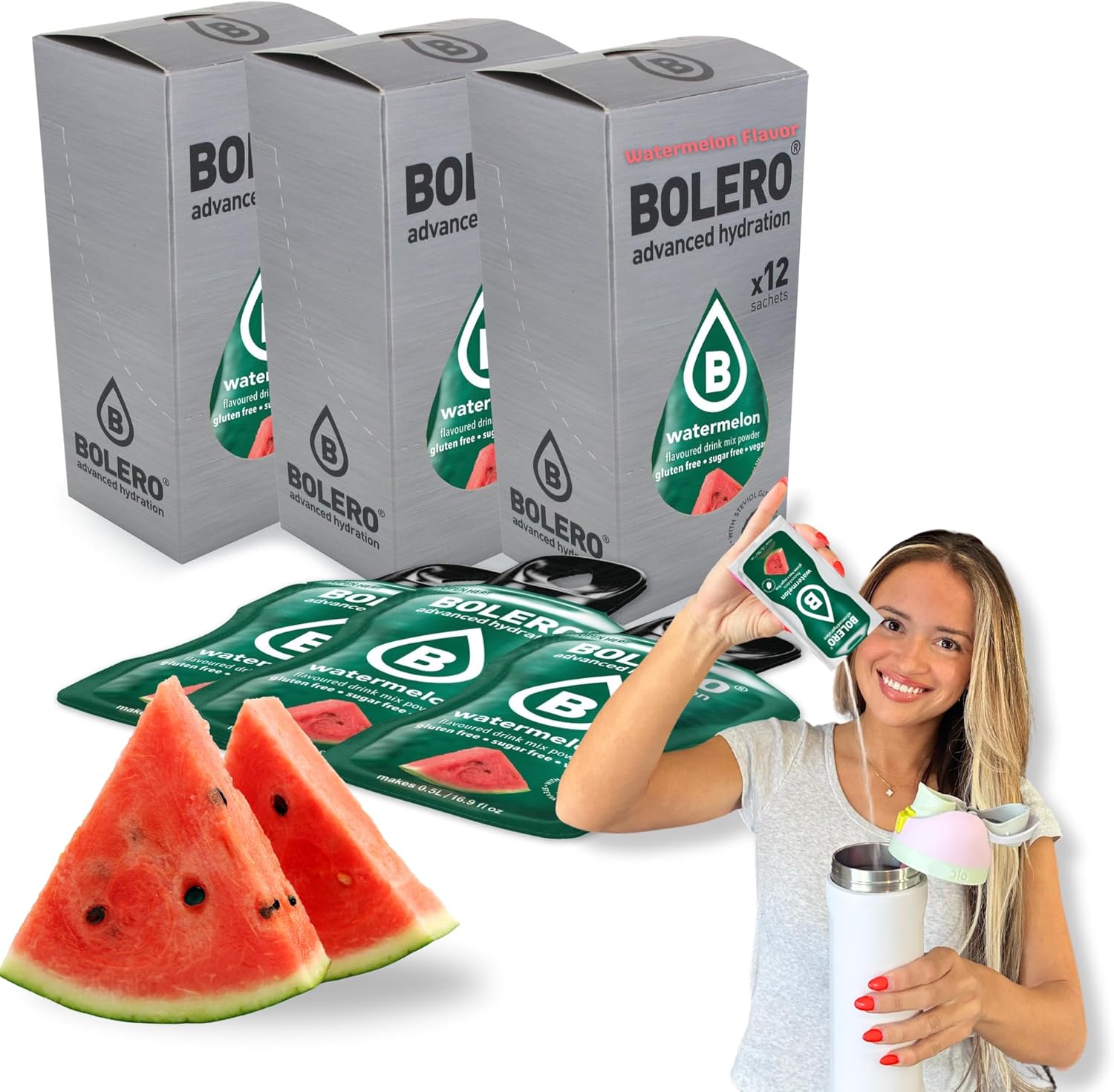 Bolero- Sugar Free Drink Mix Packets Watermelon Fruit Flavors | Powdered Flavored Water Packets | 36 Small Sachet On The Go Packets
