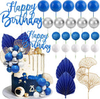Morofme Blue Silver Balls Cake Decorations Navy Blue Themed Cupcake Toppers White Silver Balloon Cake Topper Glitter Happy Birthday Cake Decor Elegant Boho Cupcake Picks for Wedding Men Birthday Party