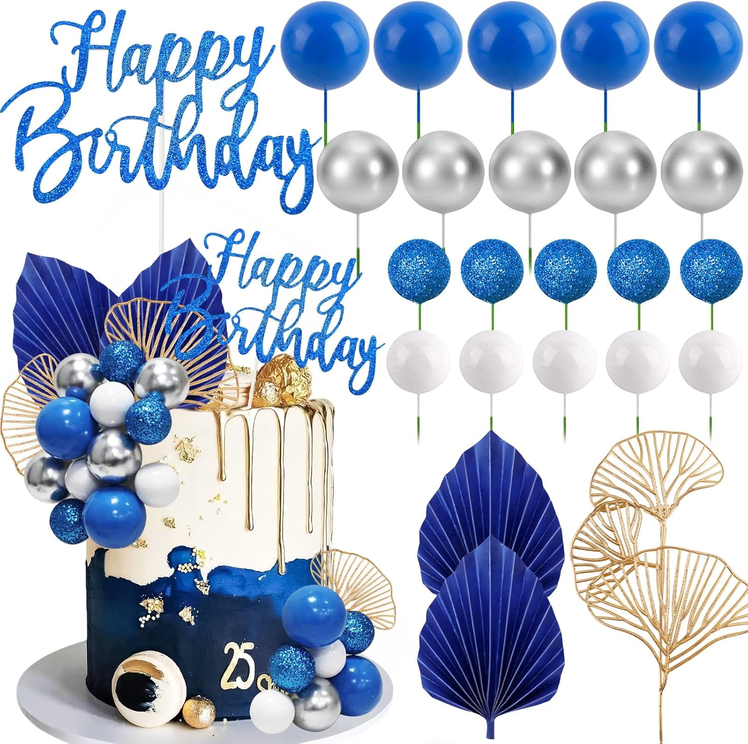 Morofme Blue Silver Balls Cake Decorations Navy Blue Themed Cupcake Toppers White Silver Balloon Cake Topper Glitter Happy Birthday Cake Decor Elegant Boho Cupcake Picks for Wedding Men Birthday Party