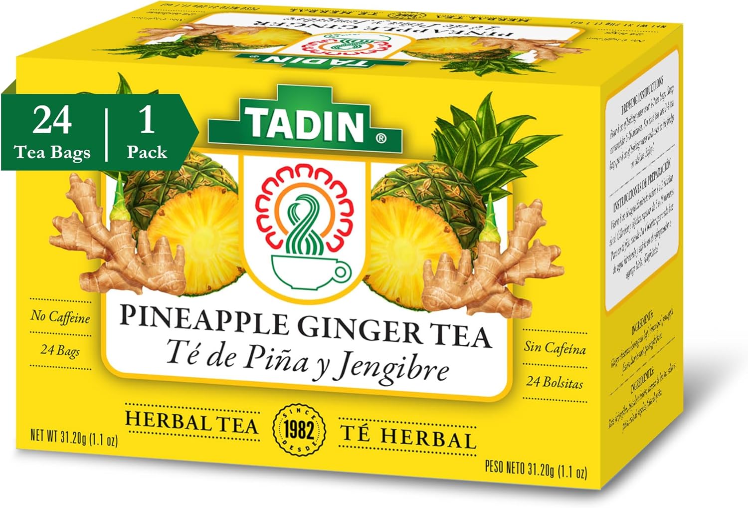 Tadin Pineapple Ginger Tea, Herbal Tea, Caffeine Free Tea, 24 Tea Bags Per Box, Pack of 6