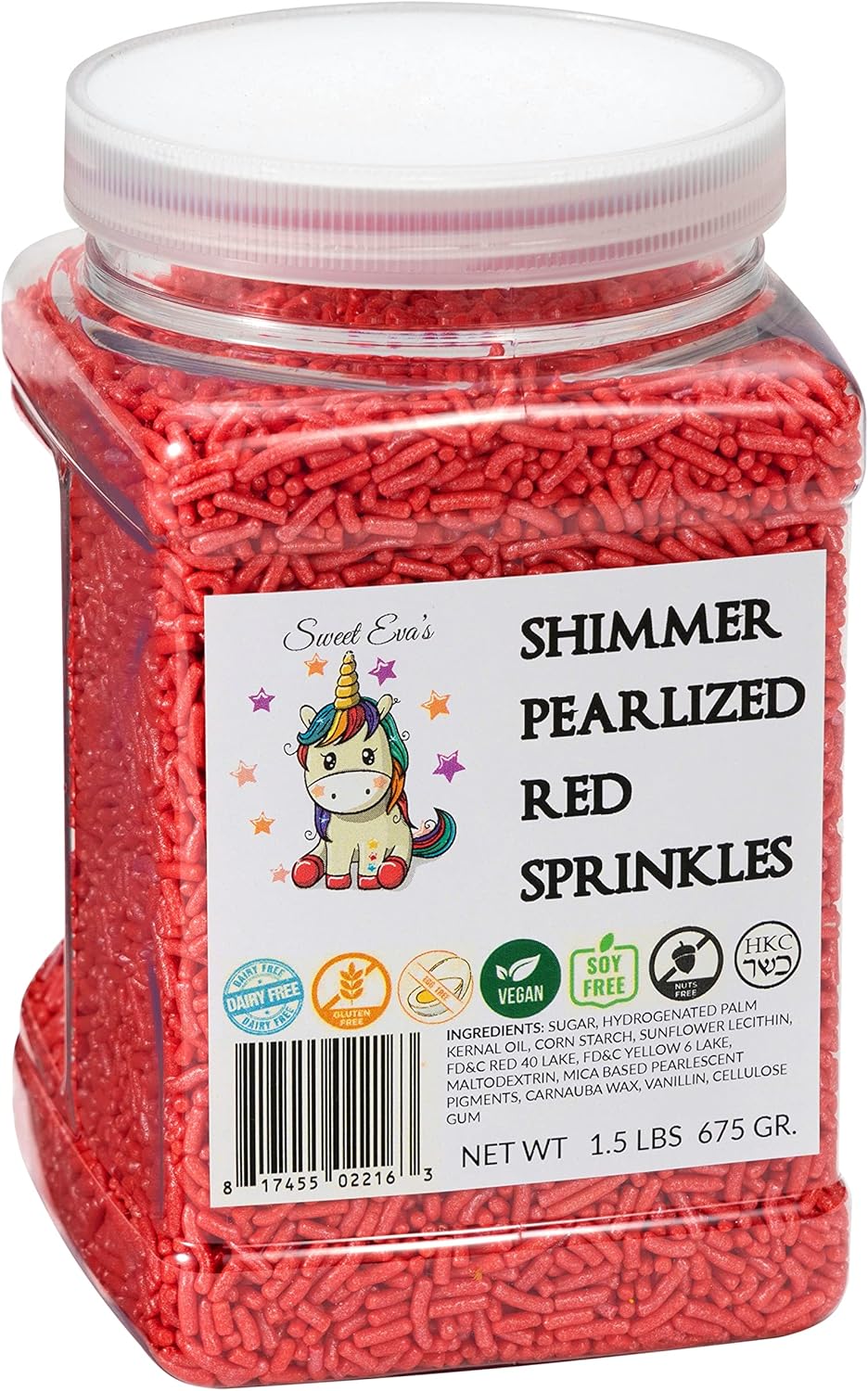 Sweet Eva’s SHIMMER PEARLIZED RED SPRINKLES- Jimmies, Cupcakes,Cookies,Cakes Decorating, Topper, Bulk Candy,Dairy Free, Nut Free, Gluten Free, Soy Free, Vegan, Egg Free, Kosher, Large, 1.5 Pound