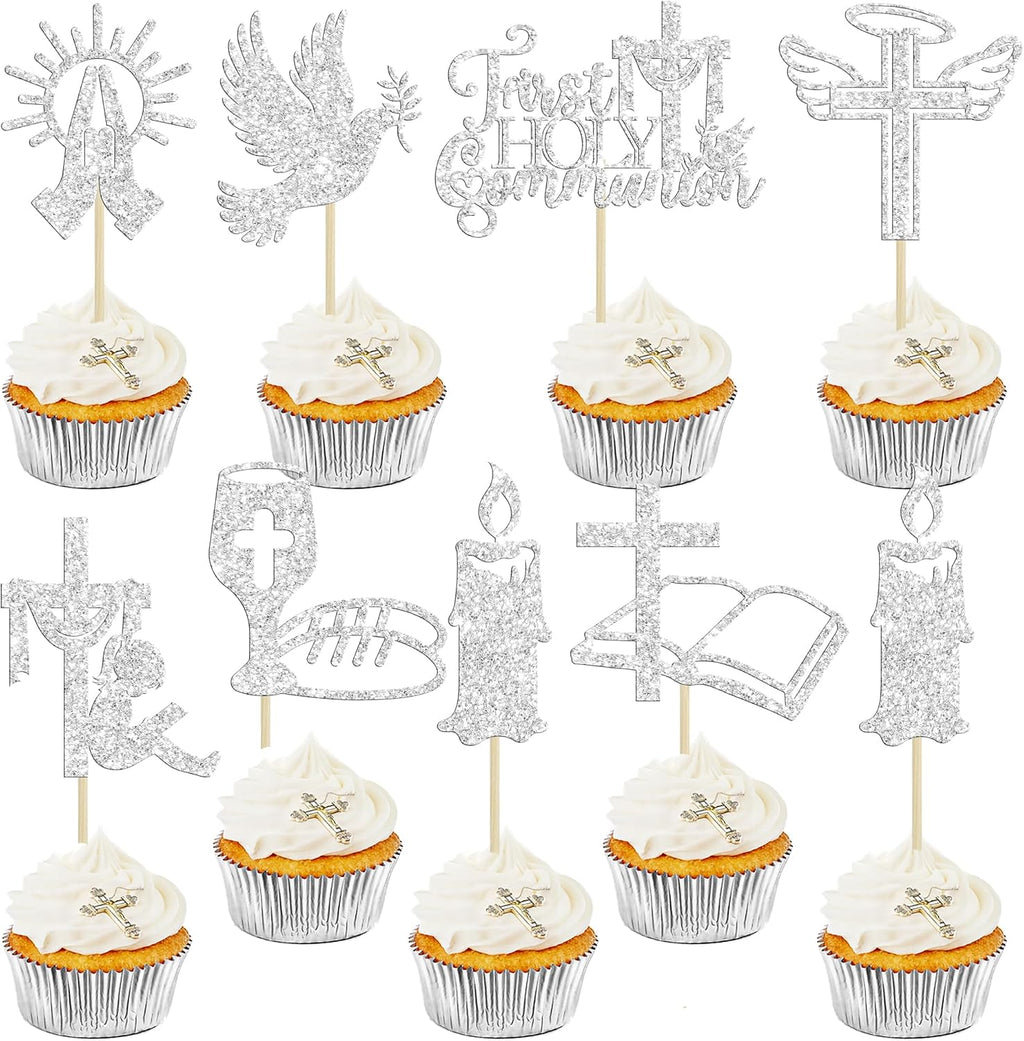 Ephlyn 32Pcs First Holy Communion Cupcake Toppers Glitter Dove Cross God Bless and Baptism Cupcake Picks First Communion Theme Baby Shower Birthday Party Cake Decorations Supplies Silver