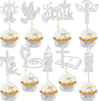 Ephlyn 32Pcs First Holy Communion Cupcake Toppers Glitter Dove Cross God Bless and Baptism Cupcake Picks First Communion Theme Baby Shower Birthday Party Cake Decorations Supplies Silver