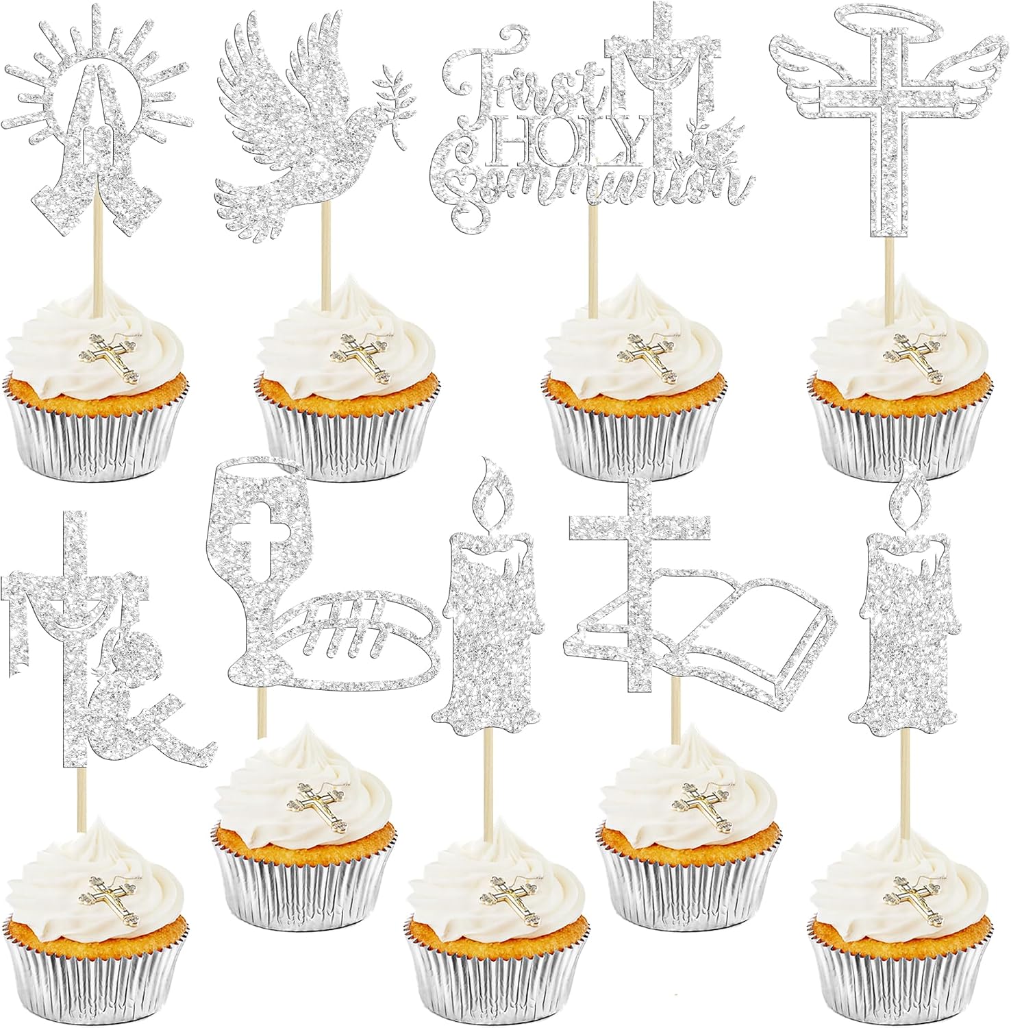 Ephlyn 32Pcs First Holy Communion Cupcake Toppers Glitter Dove Cross God Bless and Baptism Cupcake Picks First Communion Theme Baby Shower Birthday Party Cake Decorations Supplies Silver