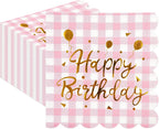50Pack Pink Gold Happy Birthday Paper Napkins - Light Pink and White Gingham Luncheon Napkins, Scalloped Checkered Dessert Napkins, Disposable Decorations Supplies for Birthday Party