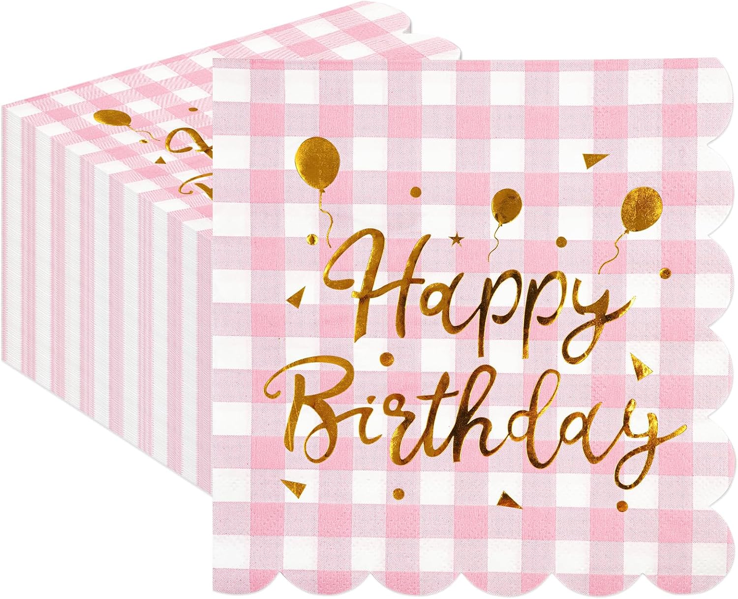 50Pack Pink Gold Happy Birthday Paper Napkins - Light Pink and White Gingham Luncheon Napkins, Scalloped Checkered Dessert Napkins, Disposable Decorations Supplies for Birthday Party