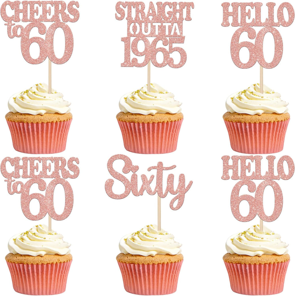 36PCS Happy 60th Birthday Cupcake Toppers Rose Gold Glitter Sixty Straight Outta 1966 Cupcake Picks Hello 60 Cheers to 60 Years Birthday Cake Decorations for 60th Birthday Anniversary Party Supplies