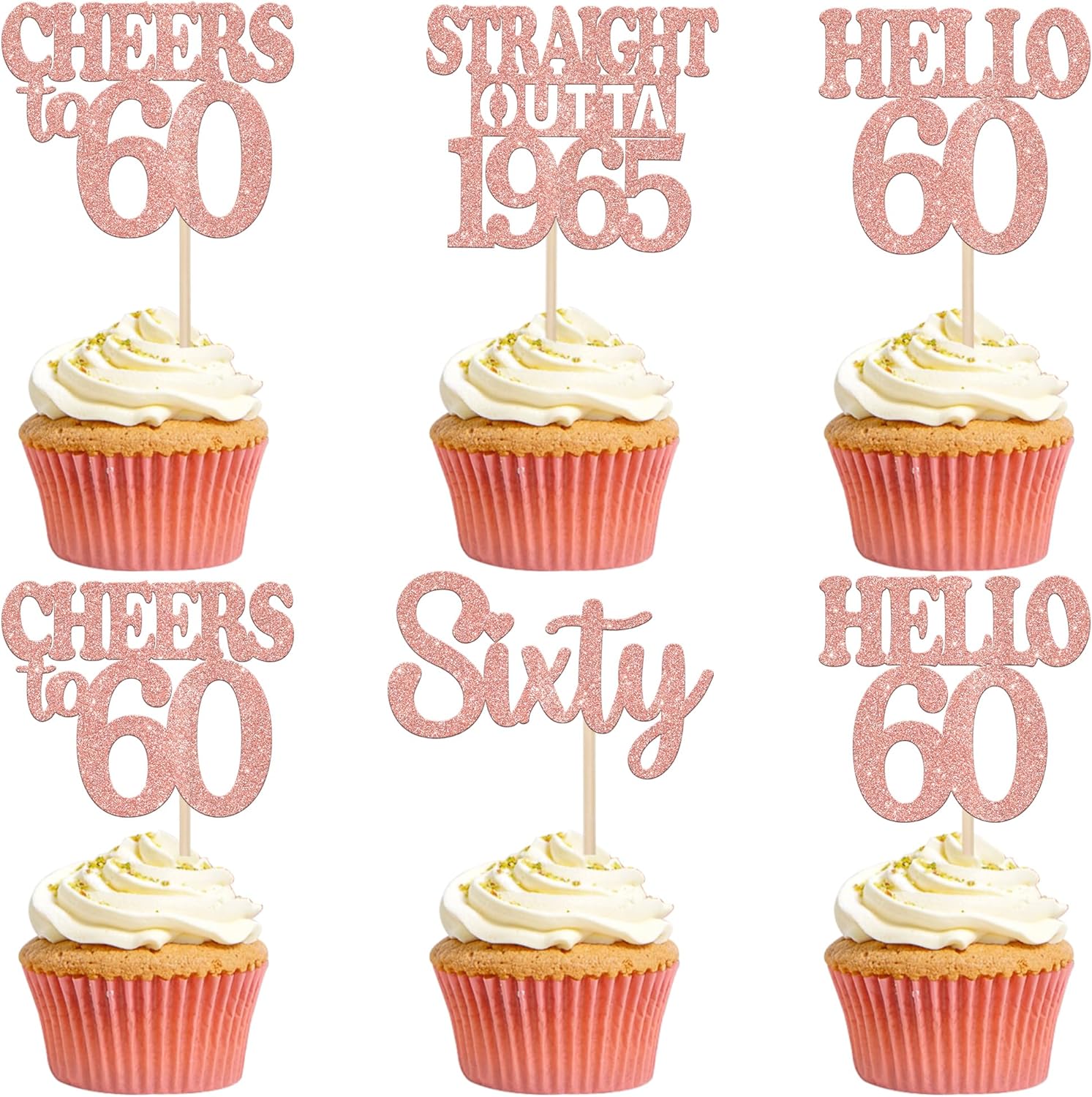 36PCS Happy 60th Birthday Cupcake Toppers Rose Gold Glitter Sixty Straight Outta 1966 Cupcake Picks Hello 60 Cheers to 60 Years Birthday Cake Decorations for 60th Birthday Anniversary Party Supplies