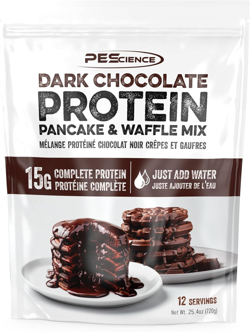 PEScience Protein Pancake Mix for Protein Waffles and Pancakes, Just Add Water, Whey and Casein Blend, Amazing Taste and Fluffy Texture - Dark Chocolate, 12 Servings