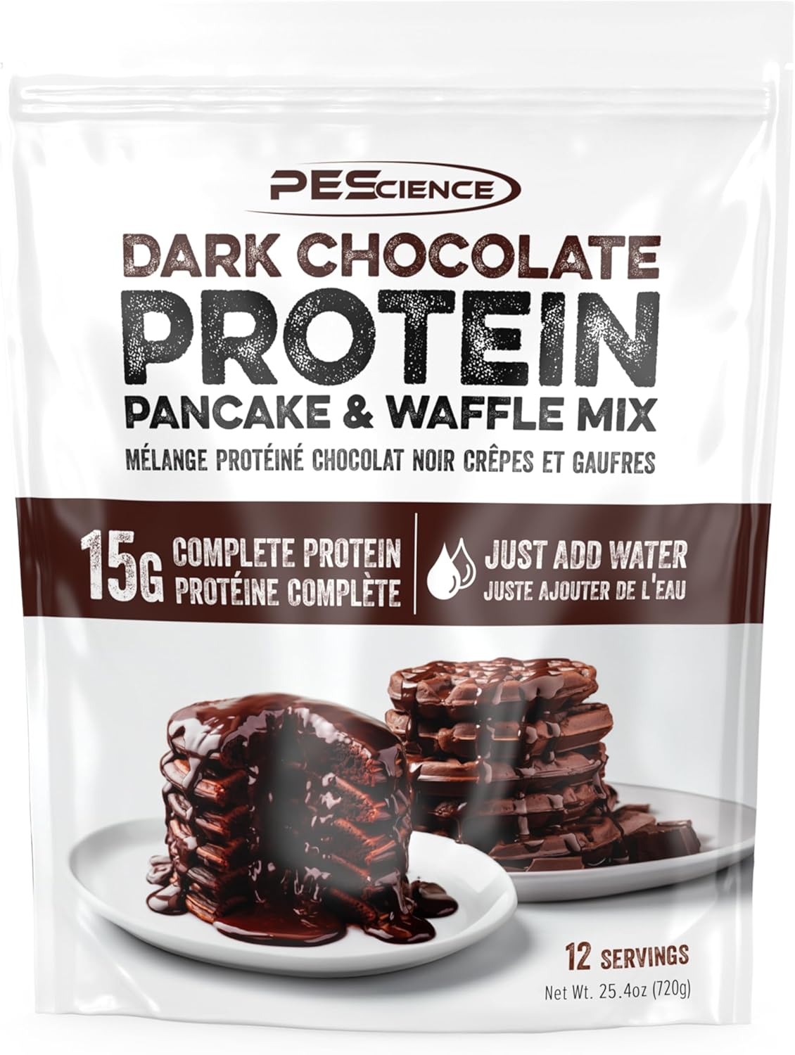 PEScience Protein Pancake Mix for Protein Waffles and Pancakes, Just Add Water, Whey and Casein Blend, Amazing Taste and Fluffy Texture - Dark Chocolate, 12 Servings