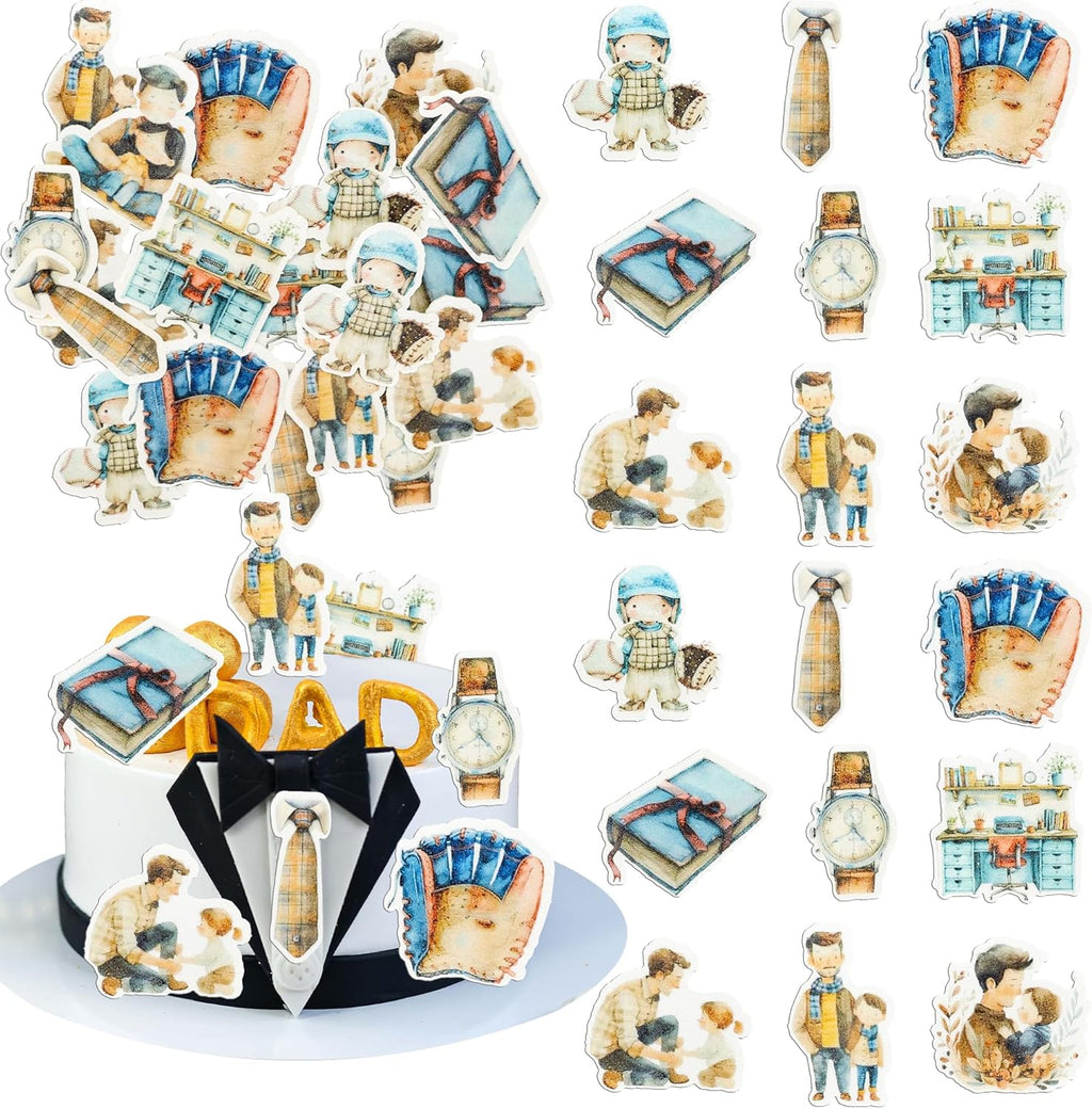 Ephlyn 48Pcs Edible Happy Father's Day Cupcake Toppers Wafer Paper Tie Book Best Dad Ever Cupcake Picks for Fathers Day Theme Birthday Party Cake Decorations Brown