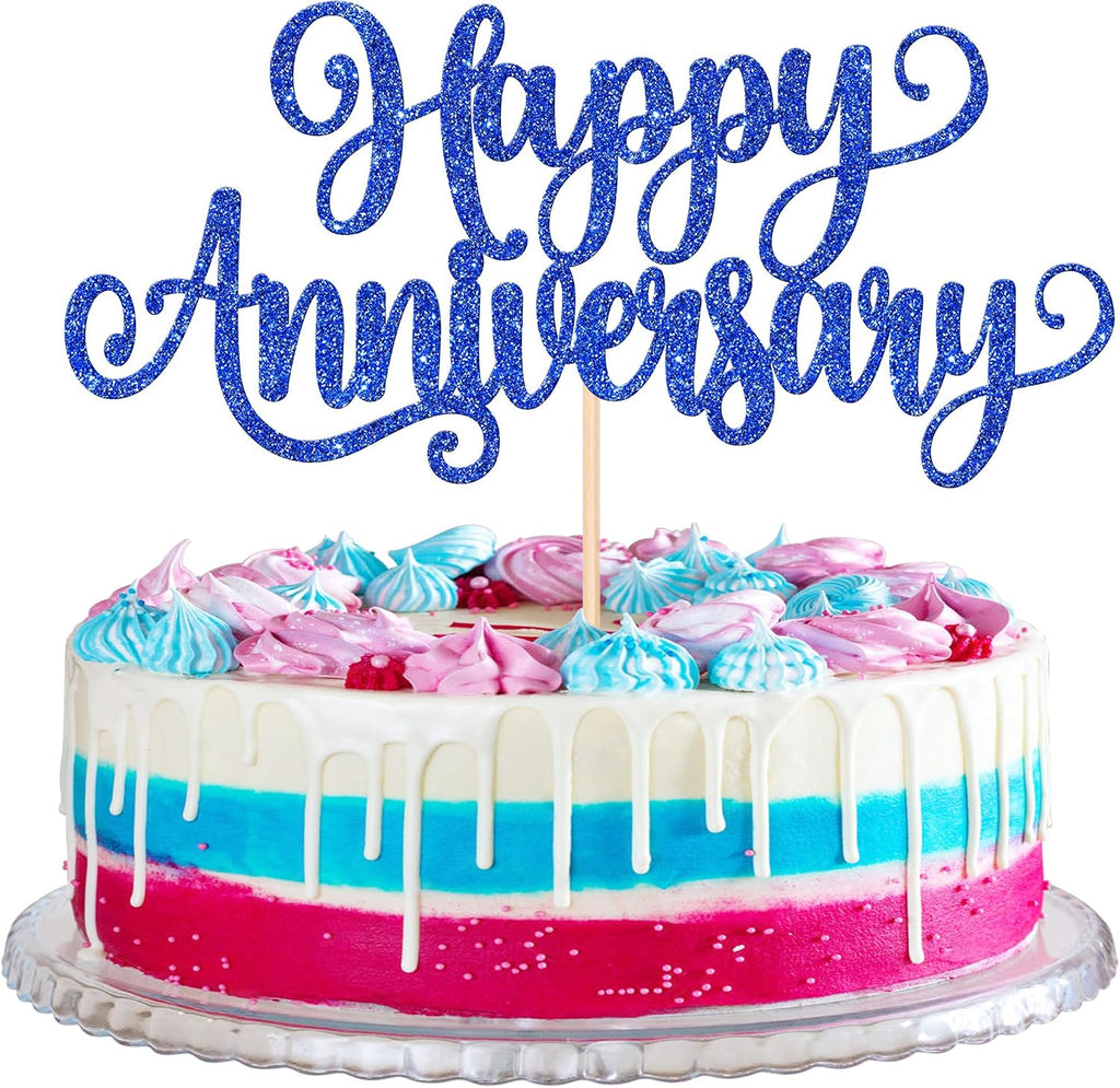 1 PCS Happy Anniversary Cake Topper Glitter Happy Anniversary Decorations Wedding Anniversary Cake Pick Decoration for Baby Shower Birthday Wedding Anniversary Party Cake Decoration Supplies Dark Blue
