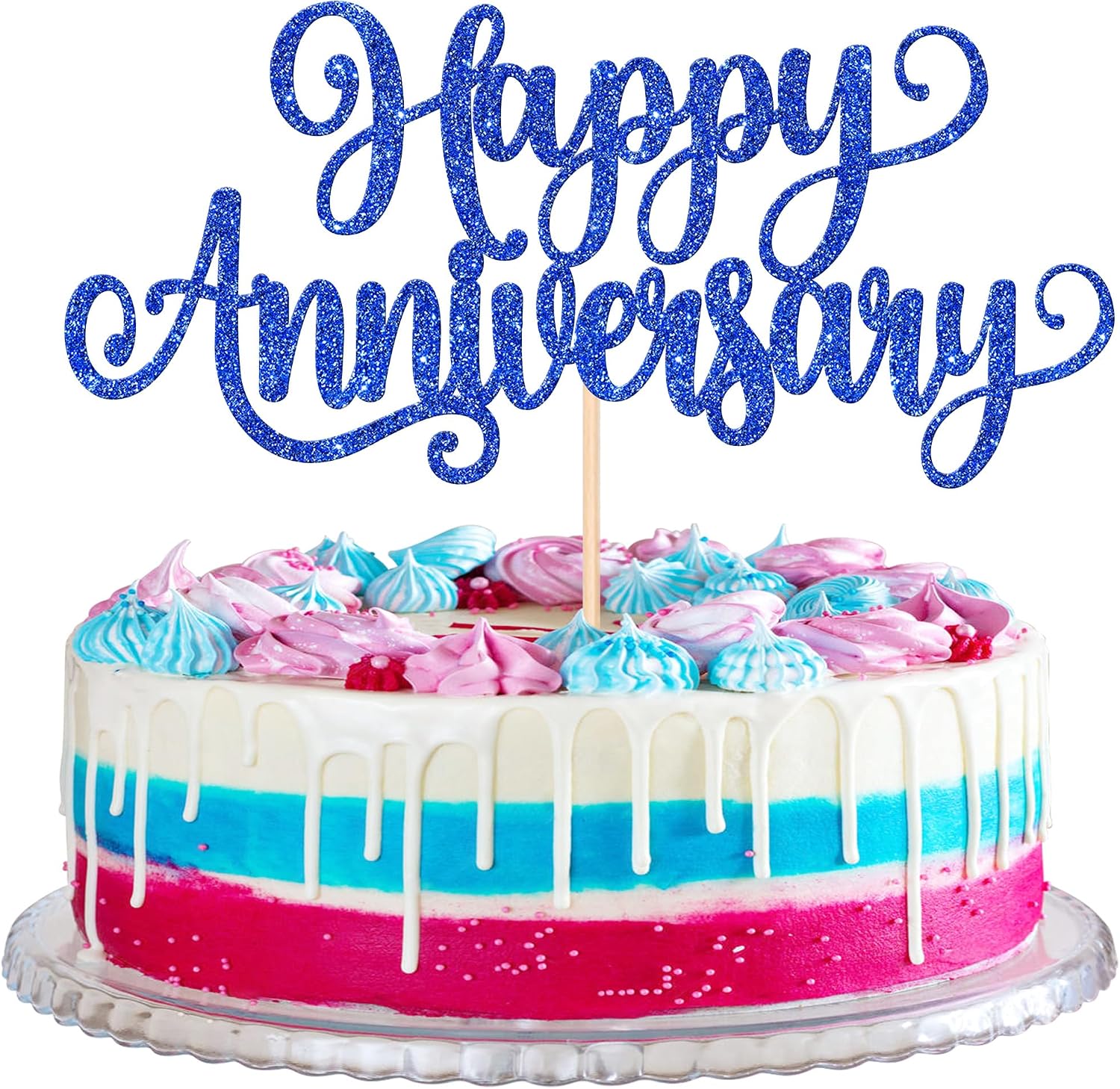 1 PCS Happy Anniversary Cake Topper Glitter Happy Anniversary Decorations Wedding Anniversary Cake Pick Decoration for Baby Shower Birthday Wedding Anniversary Party Cake Decoration Supplies Dark Blue