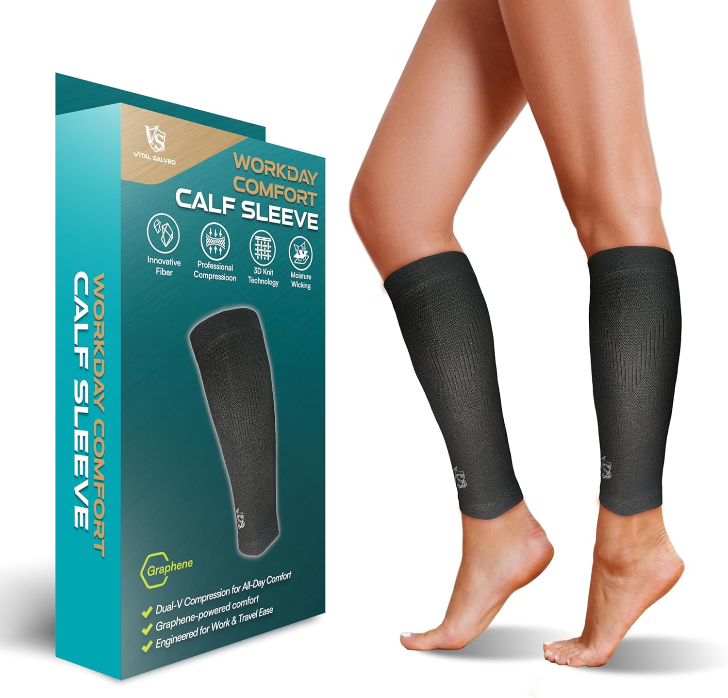 Vital Salveo Graphene Dual-V Calf Compression Sleeves - Comfort Support for Muscle Pain Relief, Shin Splints.(1 Pair)