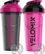 VELOMIX -2 Pack- 28 oz Protein Shaker Bottles for Protein Mixes - 2x Wire Whisk | Leak Proof Shaker Cups for Protein Shakes and Pre Workout | Protein Shaker Bottle Pack (B2) Black/Pink