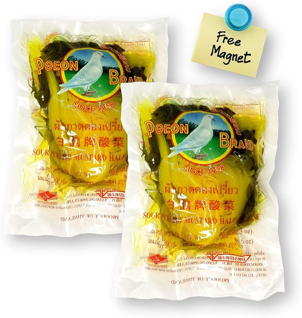 Pigeon Brand Sour Pickled Mustard Greens Half in Brine 10.5 Oz. X 2 with 1 Bonus Gift