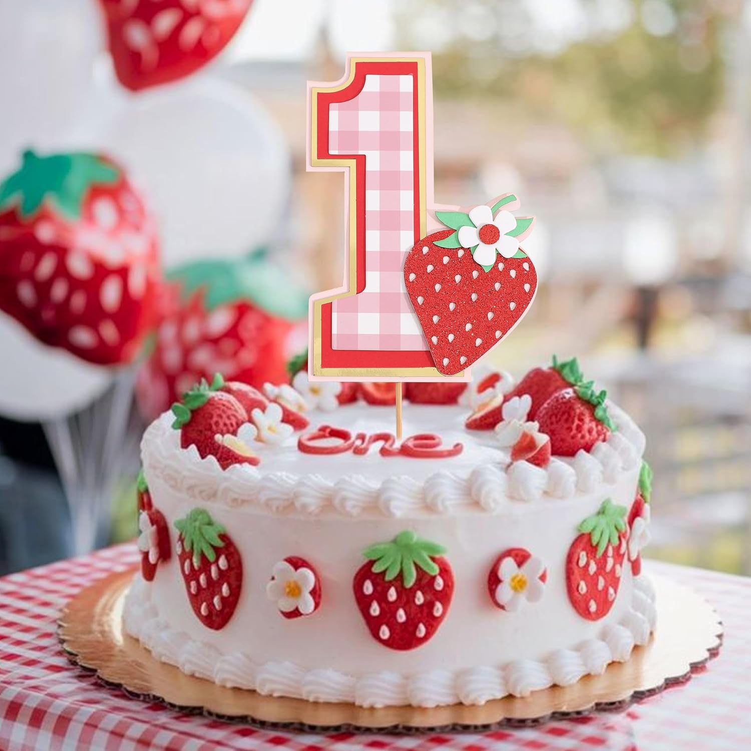 Berry 1st Birthday Cake Topper - Strawberry One Birthday Decorations,Red Berry Sweet Party Photo Props,First Strawberry Cake Topper,Summer Fruit Party Decorations