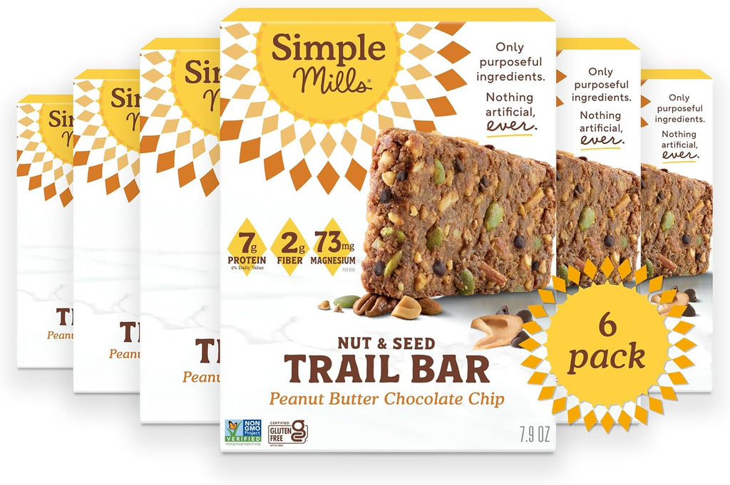 Simple Mills Nut and Seed Trail Bars, 6 Pack, Peanut Butter Chocolate Chip Snack Bars with Pumpkin Seeds, Almonds, Pecans, Peanuts, and Buckwheat, Good Source of Magnesium, 30 Total Count, 1.59 oz