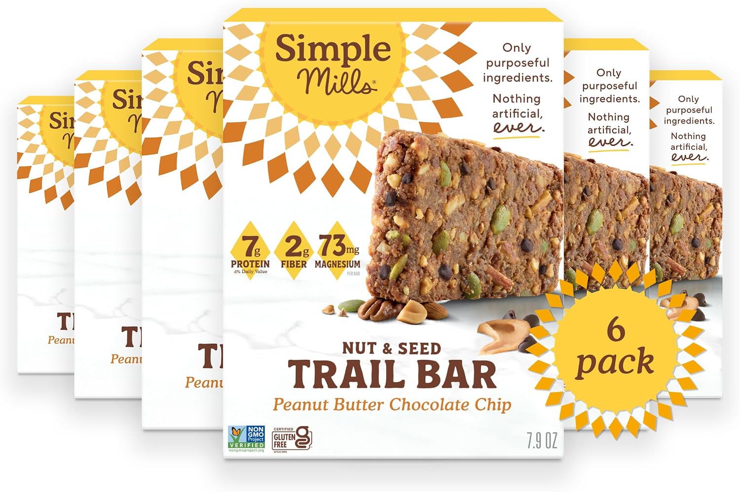 Simple Mills Nut and Seed Trail Bars, 6 Pack, Peanut Butter Chocolate Chip Snack Bars with Pumpkin Seeds, Almonds, Pecans, Peanuts, and Buckwheat, Good Source of Magnesium, 30 Total Count, 1.59 oz