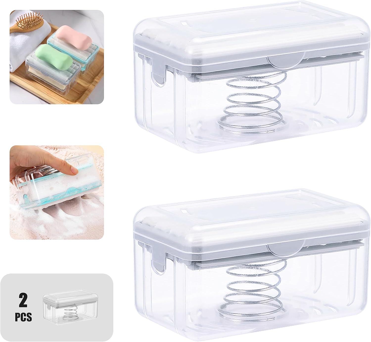Multifunctional Soap Box,Foam Dispenser with Roller/Drain Holes,Spring Foaming Soap Bar Holder/Container/Dish/Case/Container,Family Countertop Handwashing Gadget for Bathroom/Kitchen/Shower/Bath(2pcs)