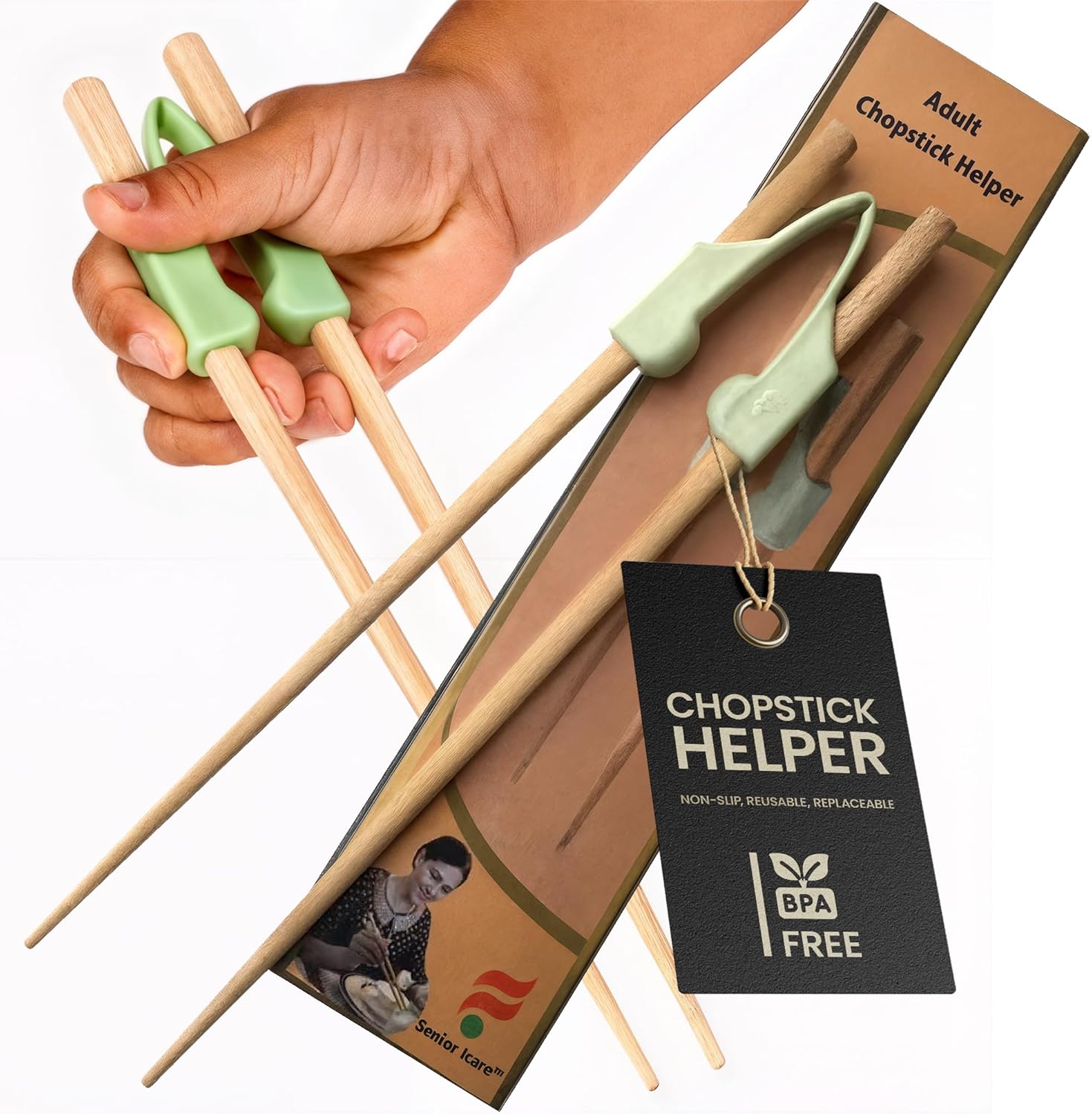 Senior ICare Chopstick Helper - Training Chopsticks for Adults, Beginners, Trainers or Learners, Right or Left Handed - Non-Slip, Reusable, Replaceable