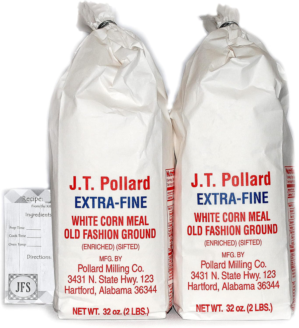 JT Pollard Extra-Fine White Cornmeal Bundle - 2 x 32 Oz Cornmeal Bags Bundled with a JFS Recipe Card