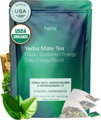 Organic Yerba Mate Tea Bags - Natural Energy Tea With Ashwagandha & Ginkgo Biloba - Organic Unsmoked Yerba Mate Tea for a Natural Sustained Energy Boost - Coffee Alternative, Naturally Occurring Caffeine