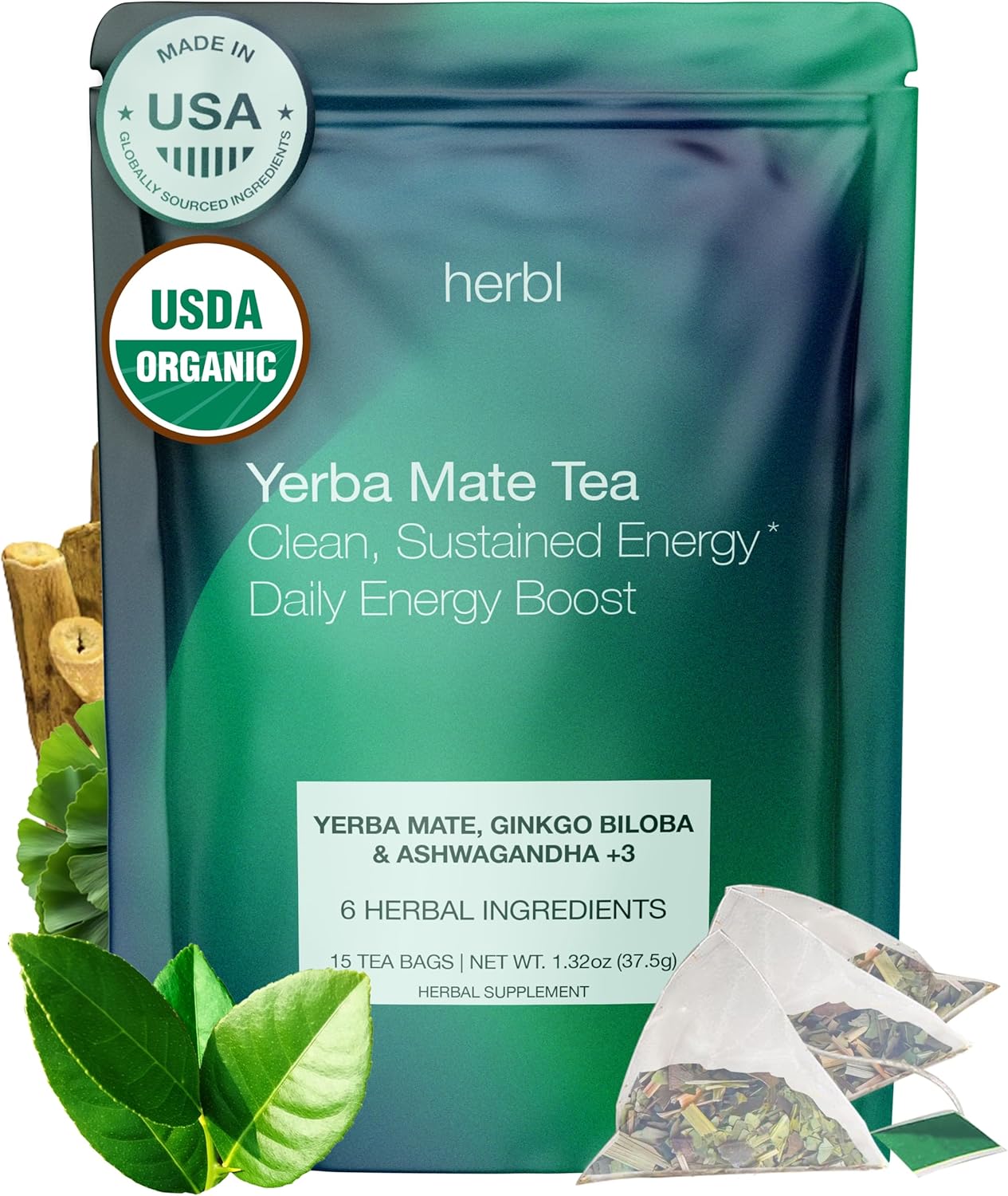 Organic Yerba Mate Tea Bags - Natural Energy Tea With Ashwagandha & Ginkgo Biloba - Organic Unsmoked Yerba Mate Tea for a Natural Sustained Energy Boost - Coffee Alternative, Naturally Occurring Caffeine