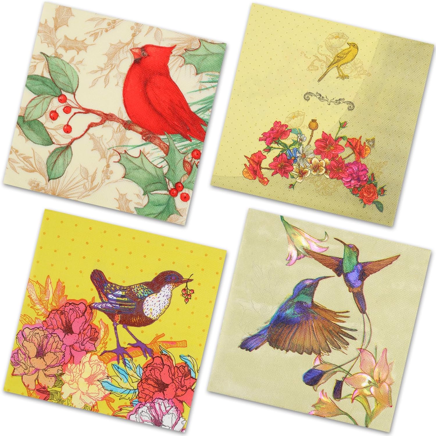 40 pack 4 Styles 6.5 In Cute Bird Decoupage Paper Napkins，Beautiful Cocktail Napkins for Mother's Day, Fall, All Seasons - Decorative Chickadee Design