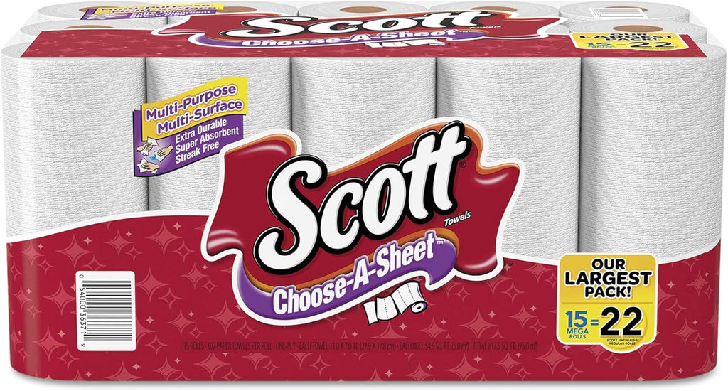 Scott 36371 Choose-A-Sheet Mega Roll Paper Towels, 1-Ply, White, 102 per Roll (Case of 30 Rolls)