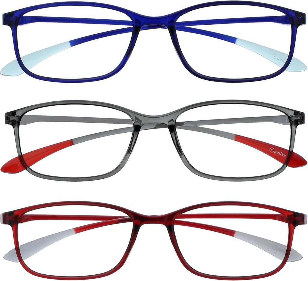 OPULIZE ICE Reading glasses for Women Men,Scratch Resistant Rectangular frame with Spring Hinges, Dark Blue,Grey,Dark Red +1 (Pack of 3)