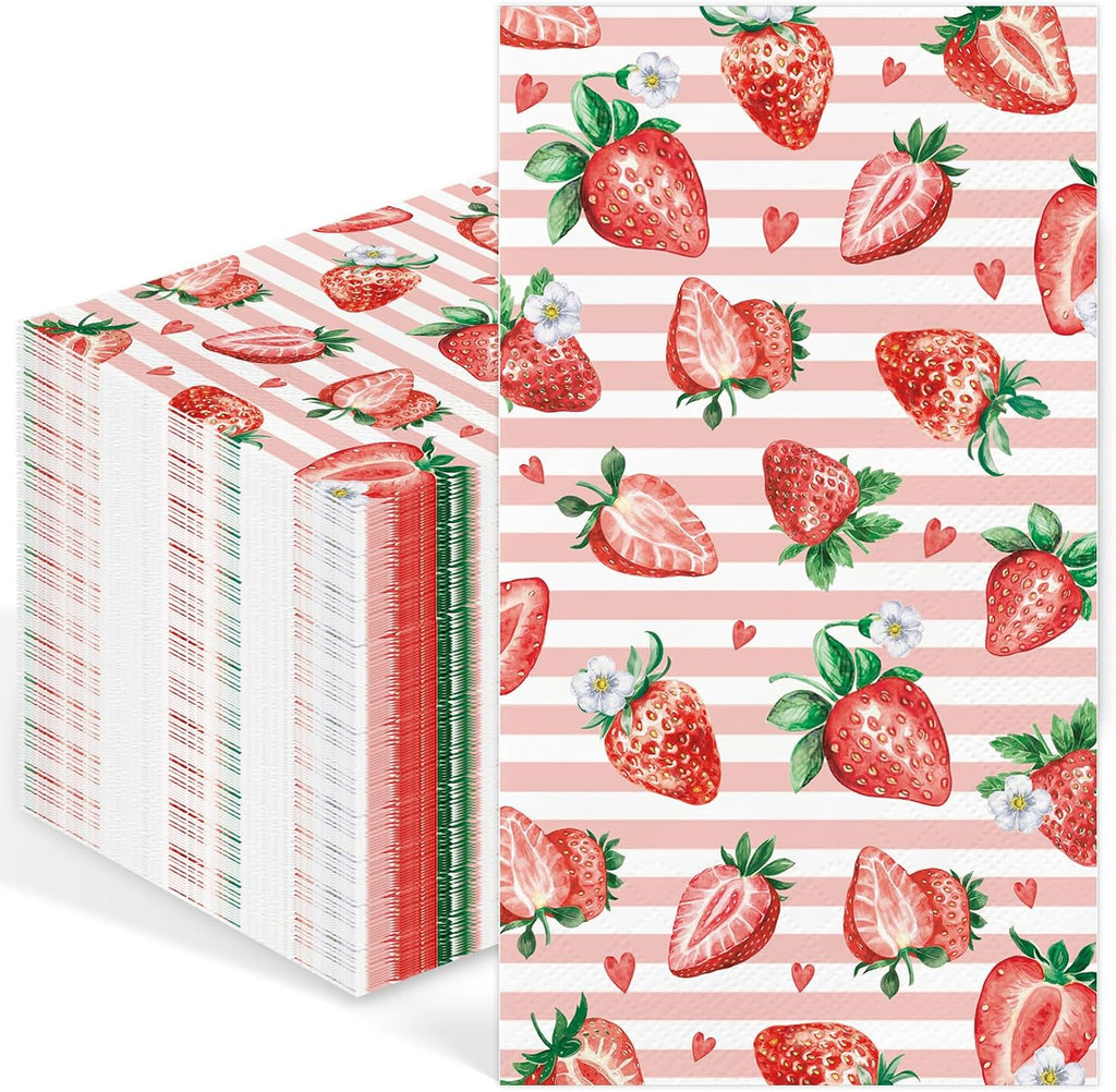 100PCS Strawberry Paper Napkins 3 Ply Disposable Hand Towels for Bathroom Summer Red Berry Guest Napkins Decorative Strawberry Striped Dinner Napkins for Berry Sweet Baby Shower Birthday Party