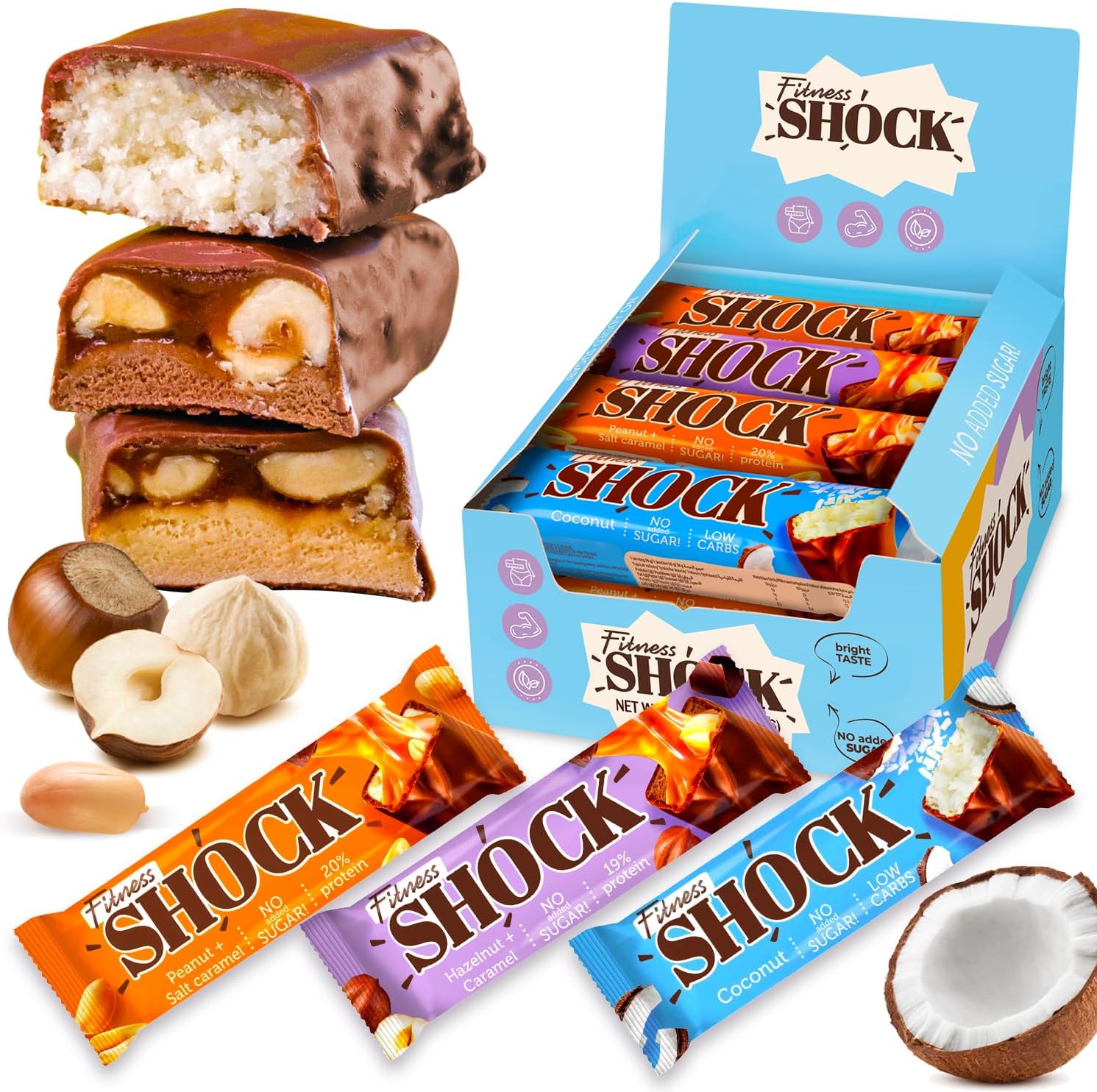 FitnesSHOCK Protein Bars Variety Pack - Gluten Free, No Added Sugar, Low Calorie Low Carb Snack - Peanut Salted Caramel, Hazelnut Caramel, Coconut - 180 Kcal, 0g Added Sugar, 8g Fat, 13g Net Carbs - 12 x 50g