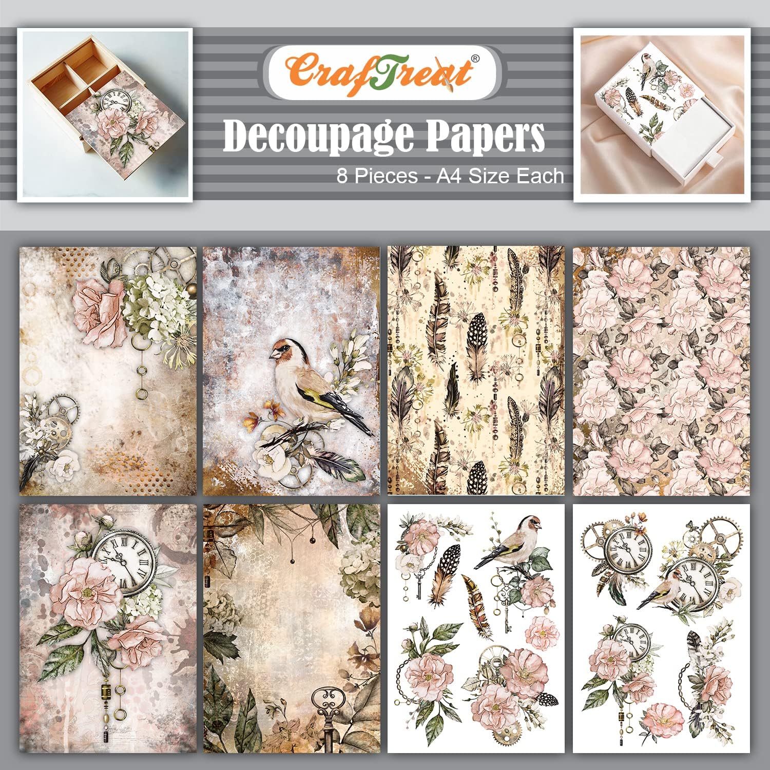 CrafTreat Floral Steampunk Decoupage Paper – A4 (8.3 x 11.7 Inch), 8 Sheets – Vintage Birds & Rose Design Craft Paper for Furniture & DIY Projects