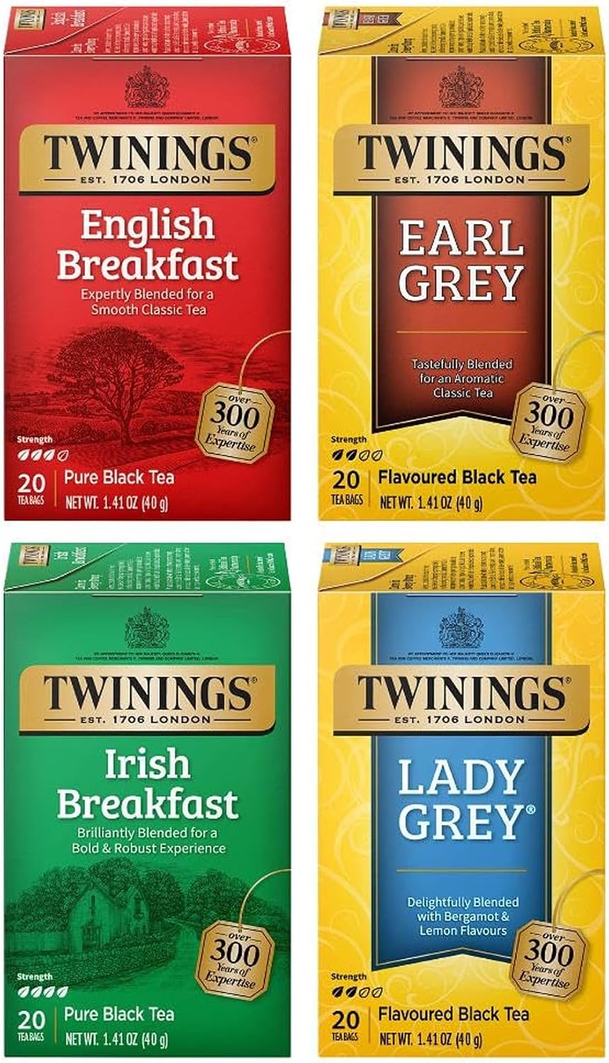 Twinings Variety Pack Black Tea Bags, 20 Count (Pack of 4), Includes English Breakfast, Earl Grey, Irish Breakfast, and Lady Grey, Caffeinated, Enjoy Hot or Iced, 80 Teabags