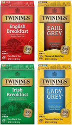 Twinings Variety Pack Black Tea Bags, 20 Count (Pack of 4), Includes English Breakfast, Earl Grey, Irish Breakfast, and Lady Grey, Caffeinated, Enjoy Hot or Iced, 80 Teabags
