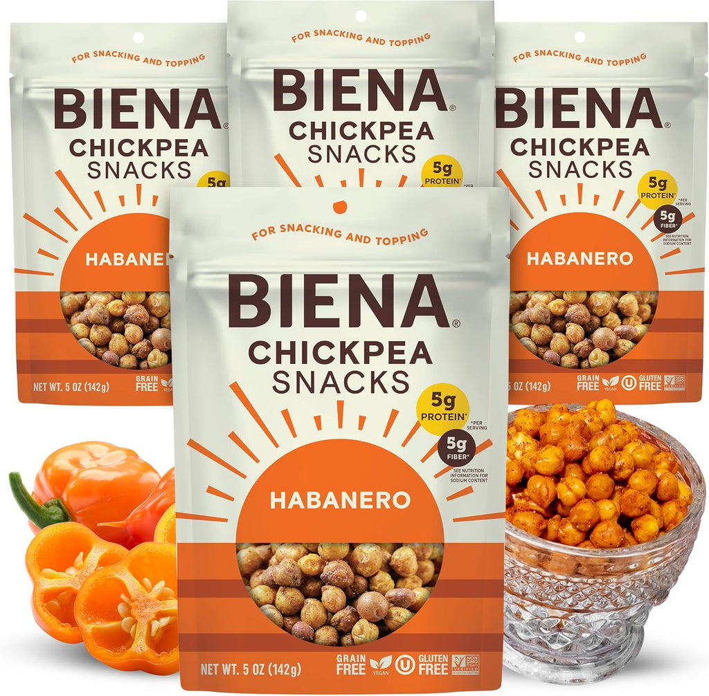 BIENA Chickpea Snacks - Crunchy Roasted Chickpeas - High Fiber Vegan Protein Snacks for Adults and Kids - 4-Pack, 5 Ounce - Habanero