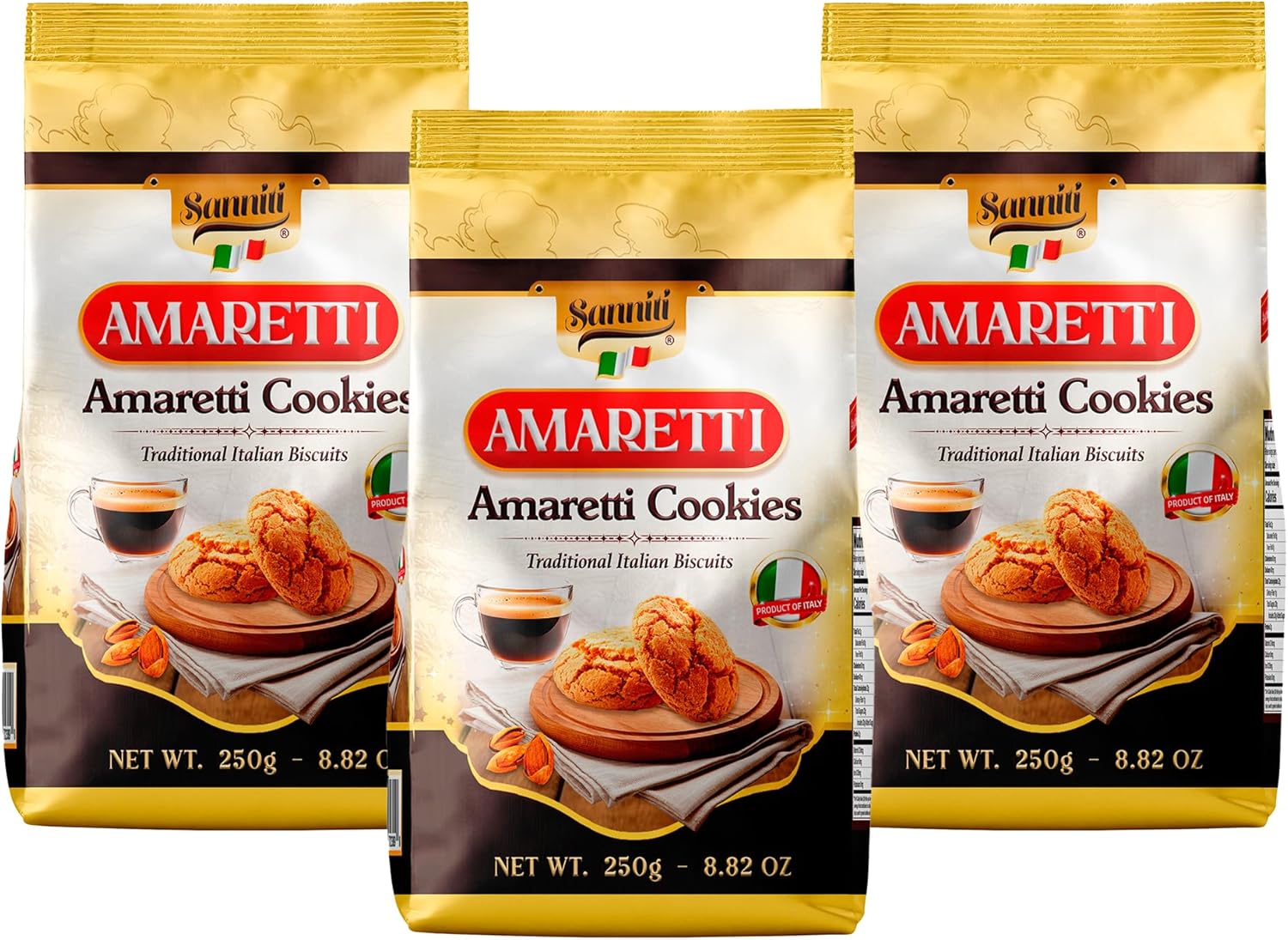 Sanniti Amaretti – Traditional Italian Almond Cookies – Soft & Chewy Amaretti Biscuits – Imported from Italy, 250g (8.8 oz) (Pack of 3)