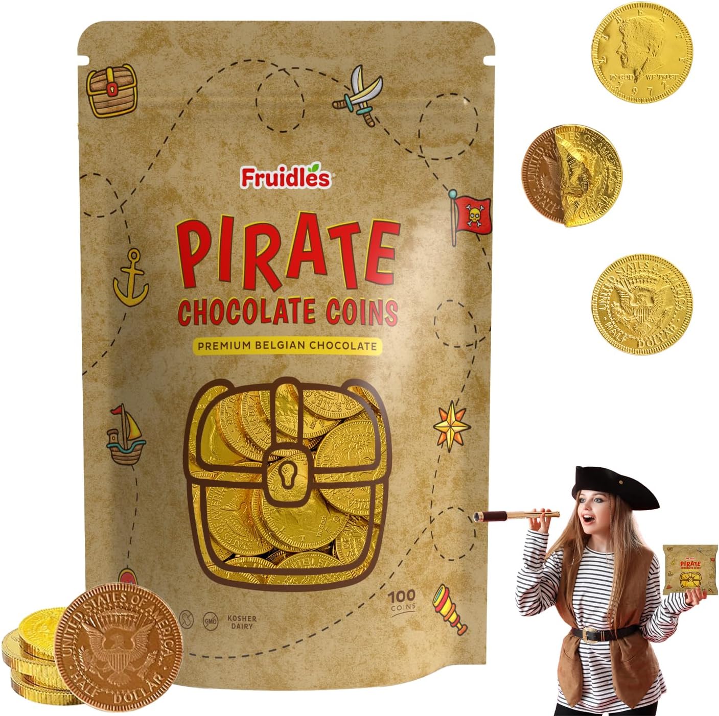 Fruidles Pirate Belgian Milk Chocolate Coins, Kosher Certified Dairy, Non GMO (Pack of 100)
