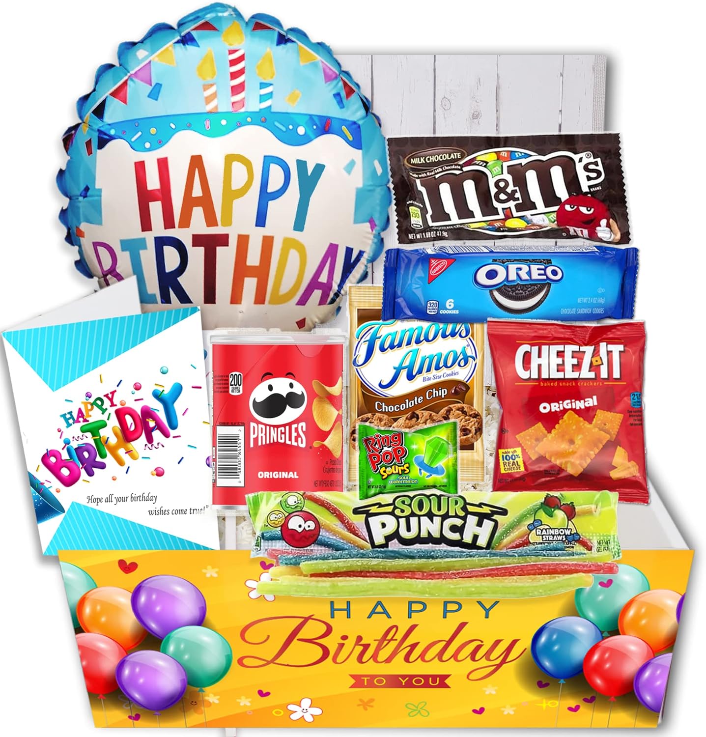 Birthday Gift Basket Candy variety pack with a Happy Birthday Balloon Care Package w/snacks and greeting card, for boy, girl, teenage, adults, best friend, Girlfriend, Boyfriend