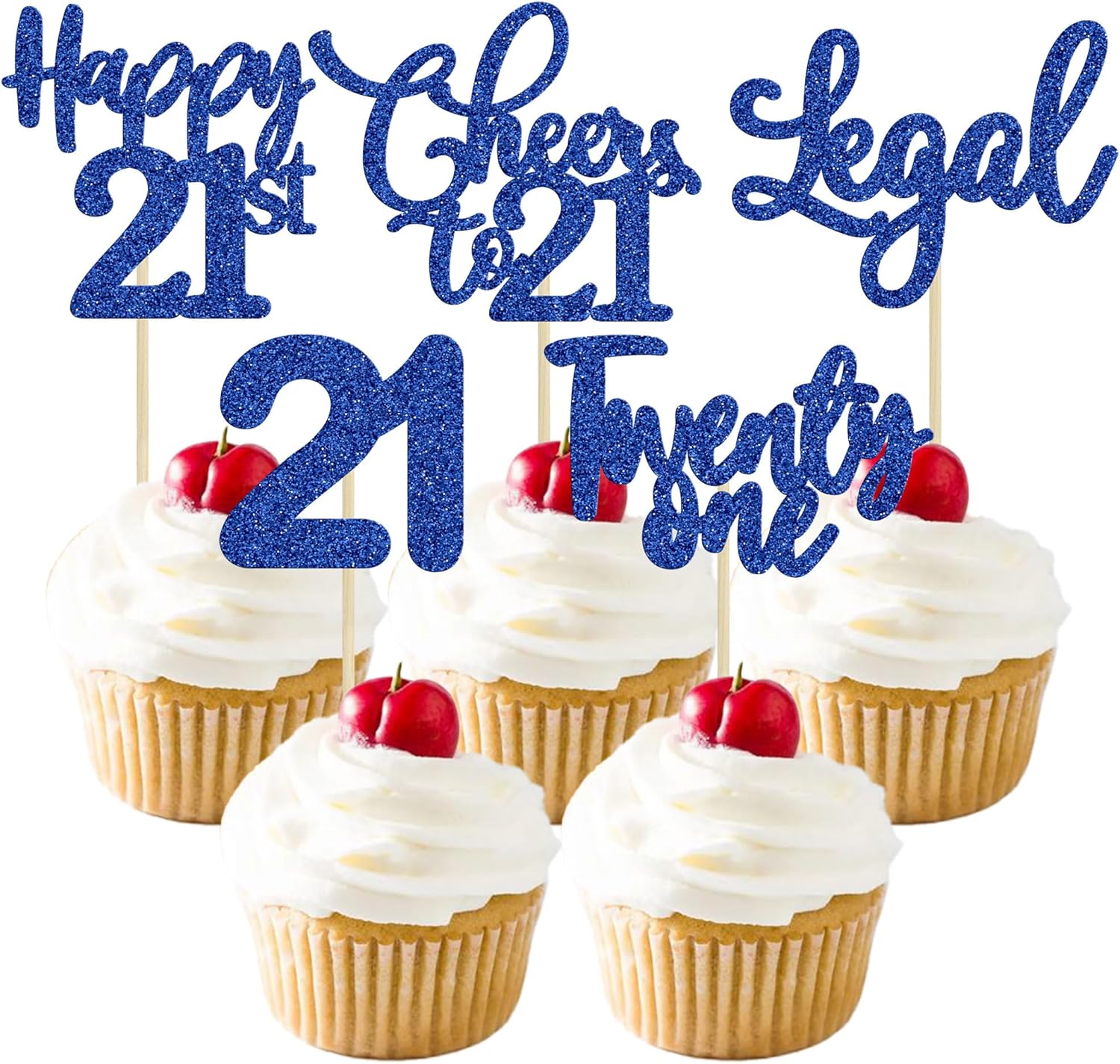 30 Pack Happy 21st Birthday Cupcake Toppers Dark Blue Glitter 21 Fabulous Cheers to 21 Years Old Birthday Cupcake Picks for Happy 21st Wedding Anniversary Party Cake Decorations